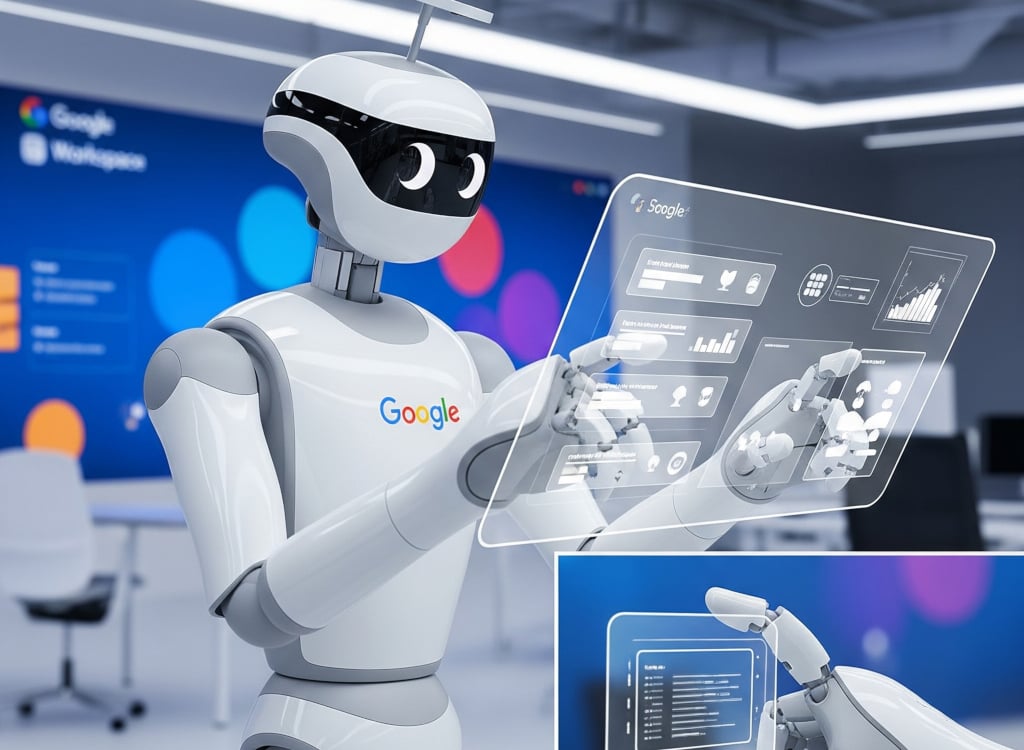 Google automation at work - image shows a Google branded robot working on a transparent screen
