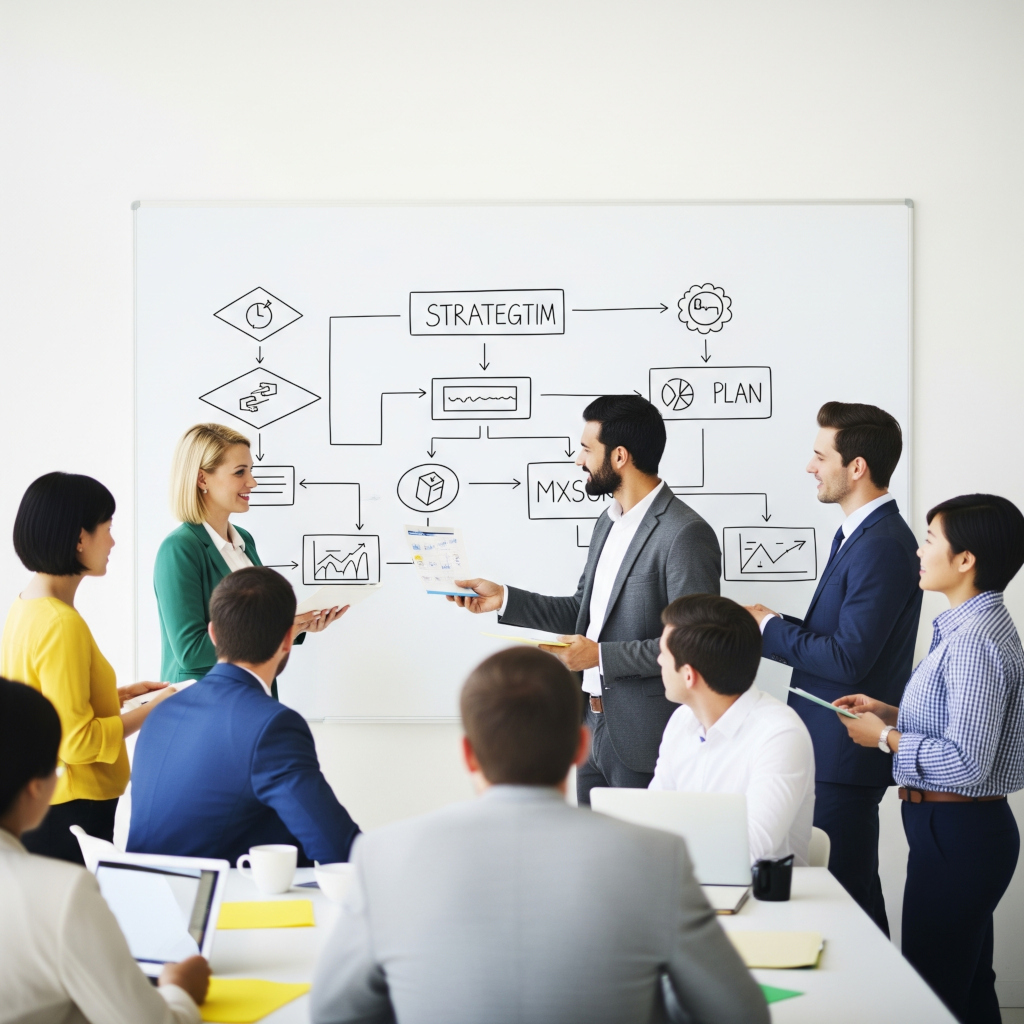 Group brainstorming in front of a white board Group brainstorming in front of a white board